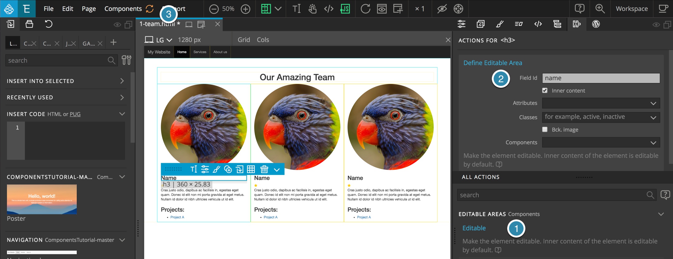 Editable areas are defined in the Pinegrow Actions panel