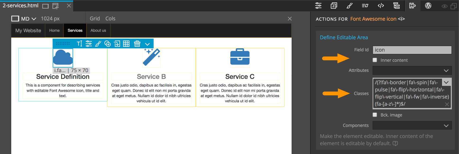 The Pinegrow Actions panel allows regular expressions for defining editable areas