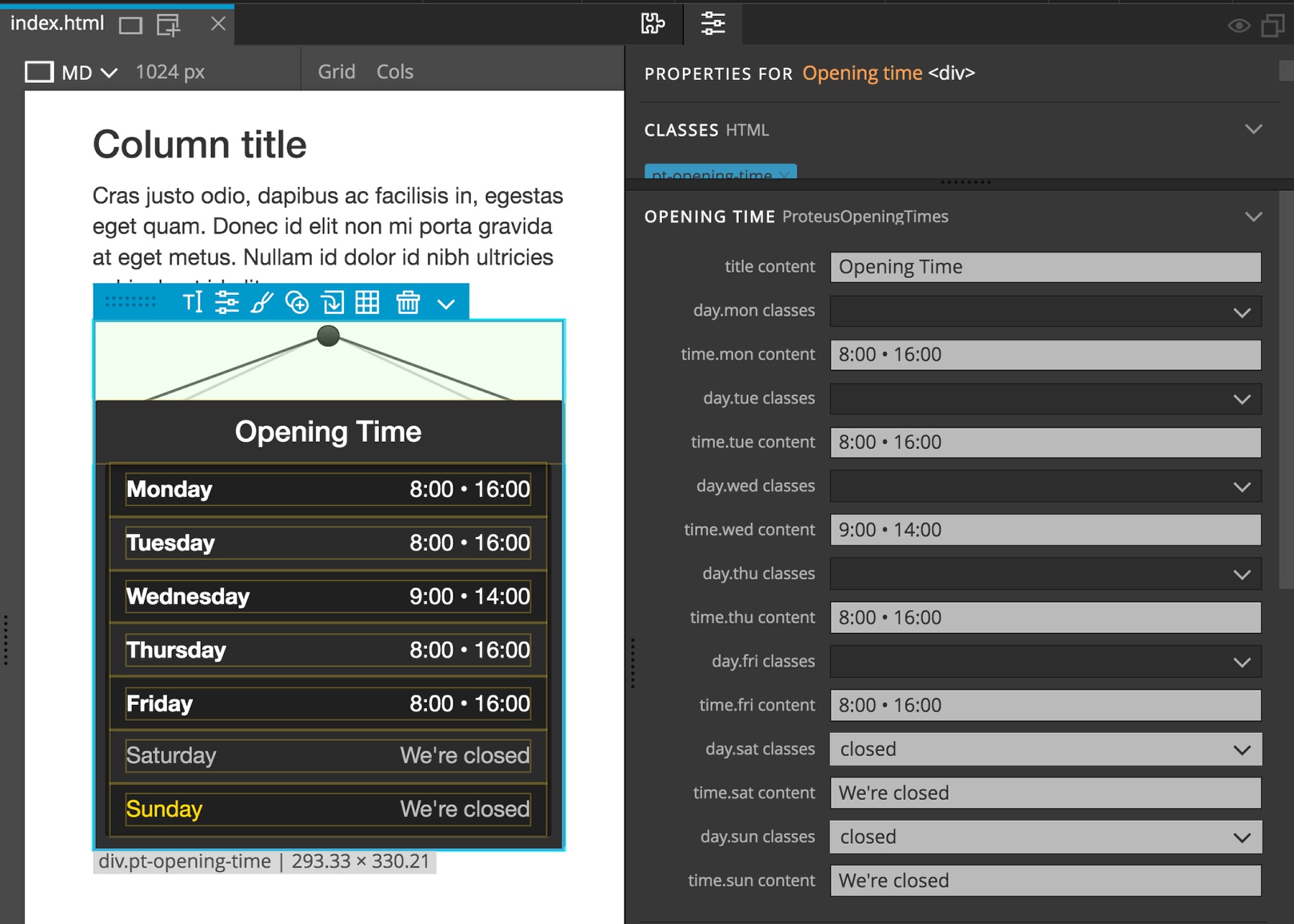 The Pinegrow Properties panel provides access to all editable areas