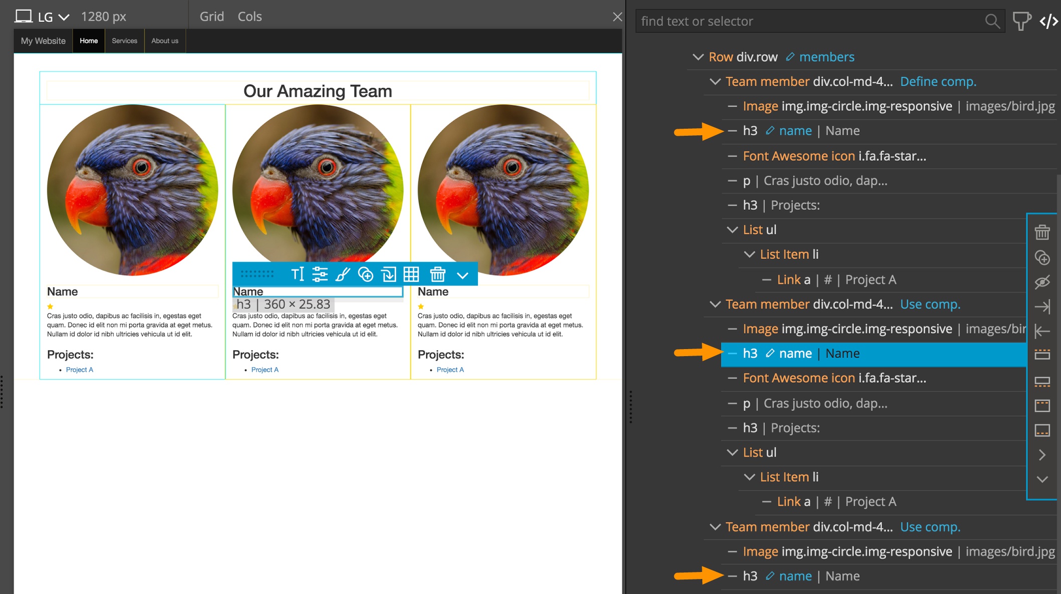 Editable areas get assigned a blue icon and the field id in the Pinegrow Tree panel