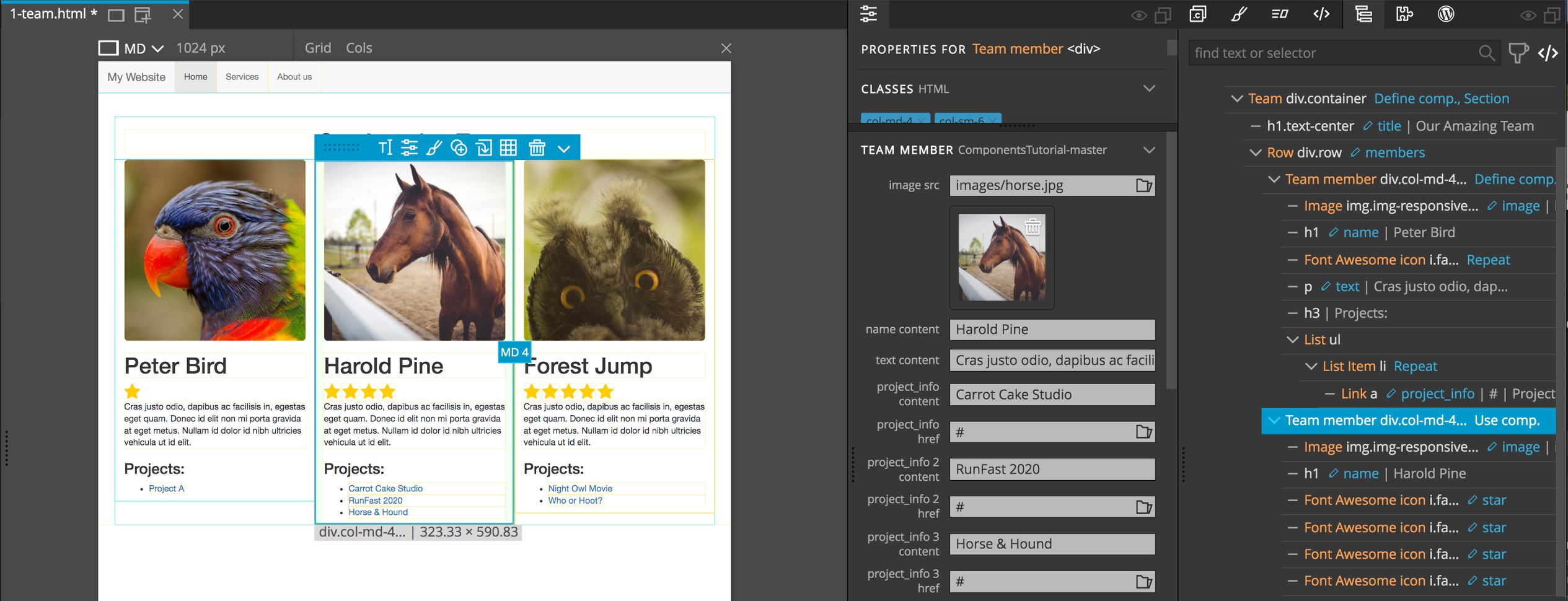 Repeatable elements can be edited in the Properties panel