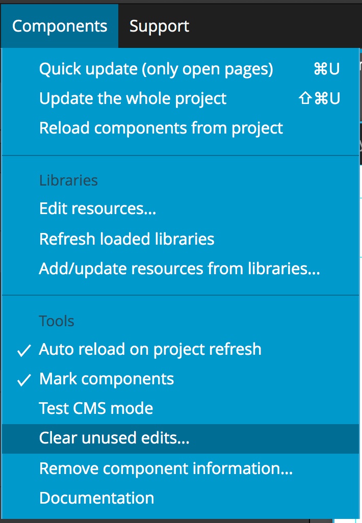 The Pinegrow components menu allows purging of unused edits