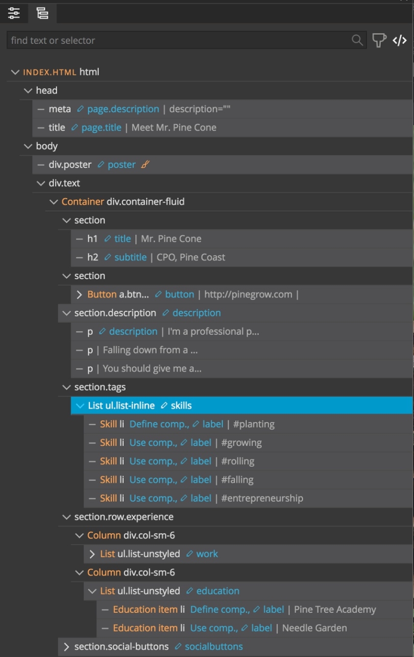 The Pinegrow Tree Panel only shows editable elements in CMS mode