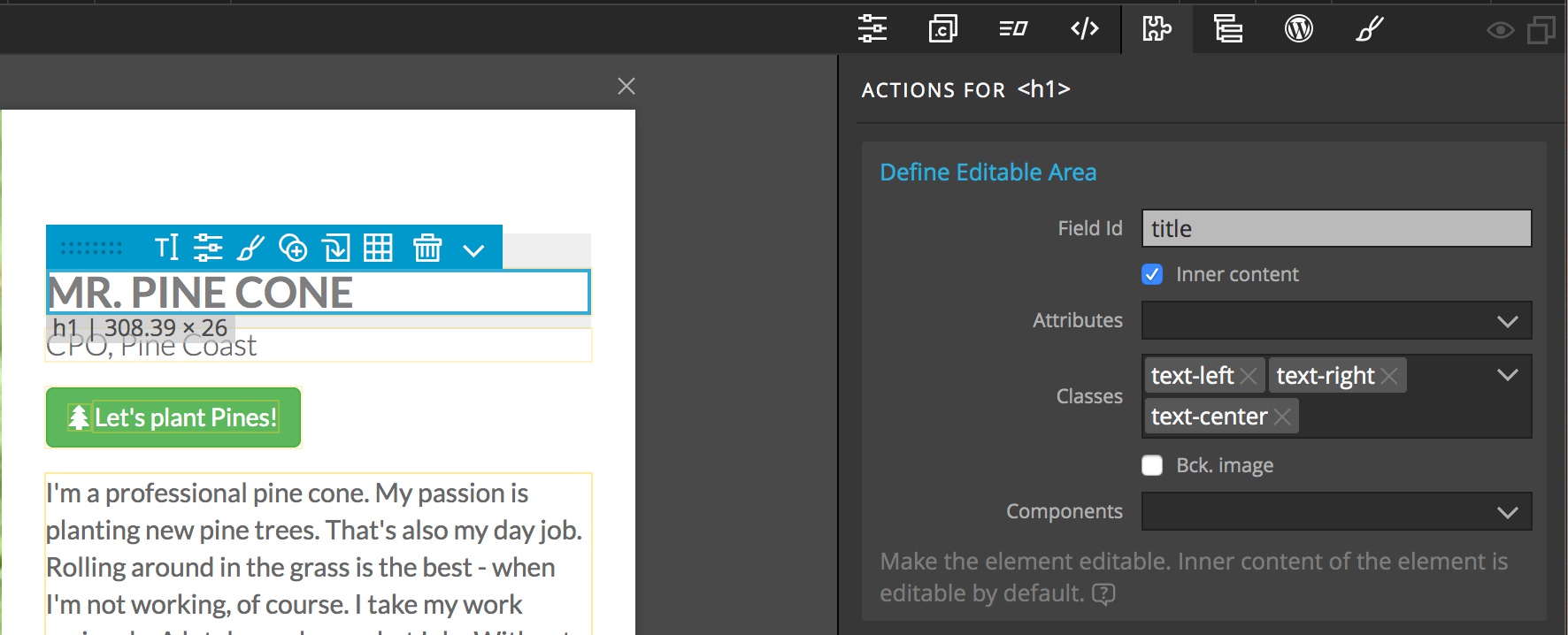 Pinegrow Components actions allow you to define editable content