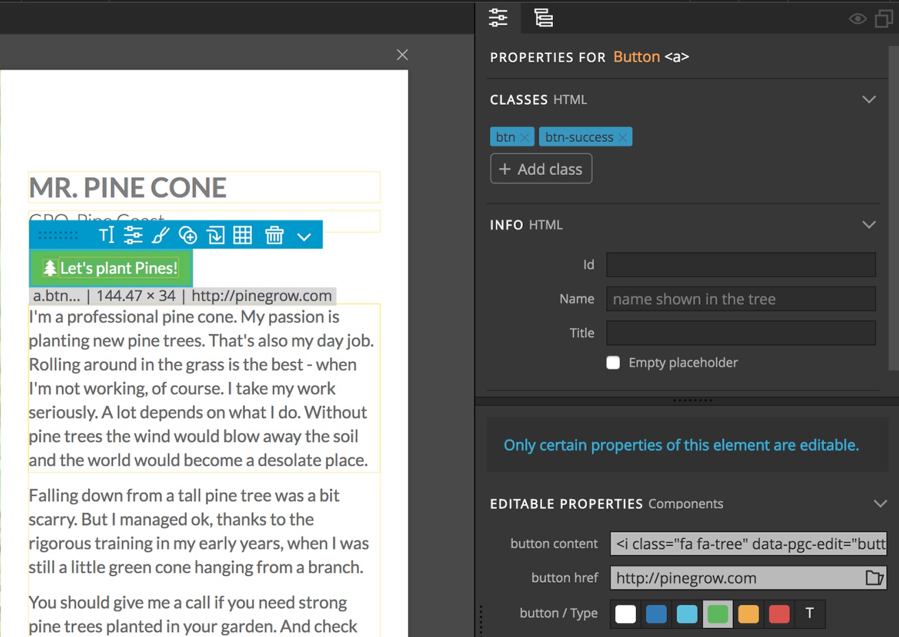 The Pinegrow Properties panel makes all editable fields available in one place