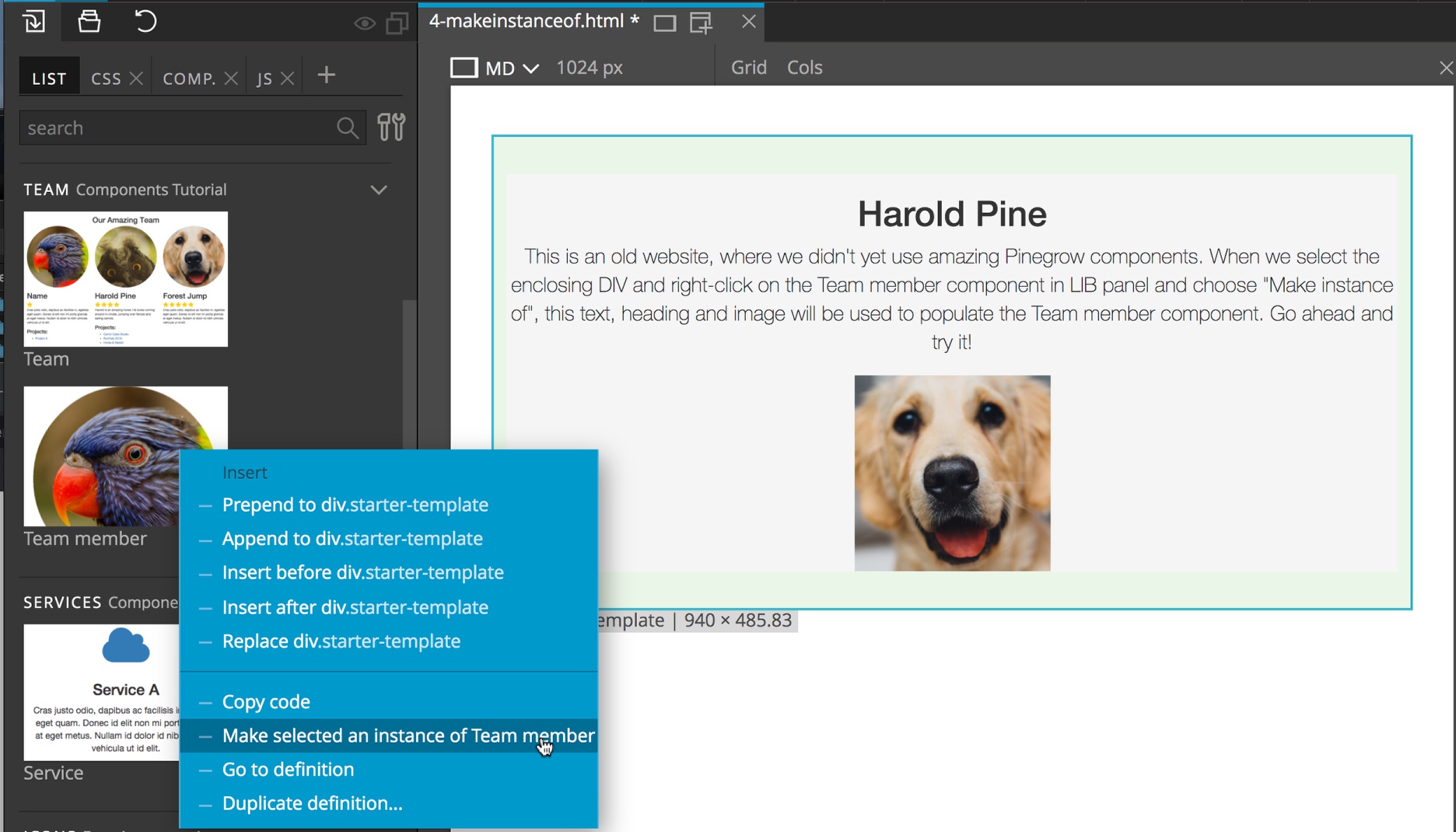 Components in the Pinegrow Library have a context menu that allows you to make page elements into instances of that component