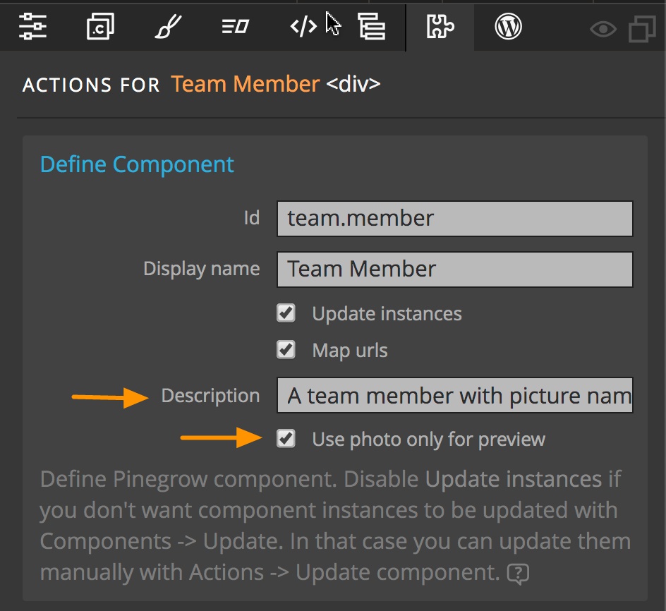 The Pinegrow Actions panel has multiple options for components