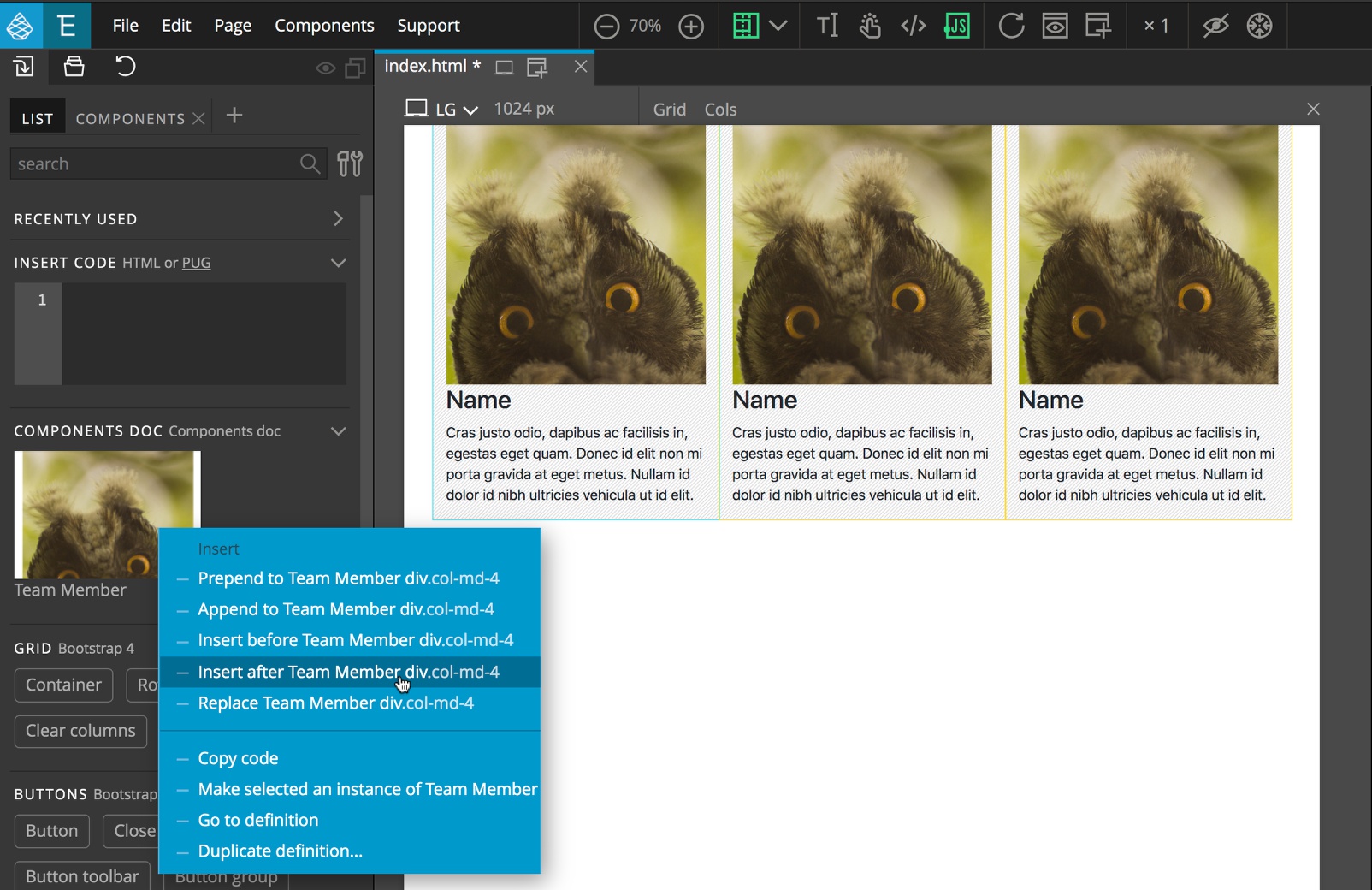 Components in the Pinegrow Library panel can be added to the page using the context menu