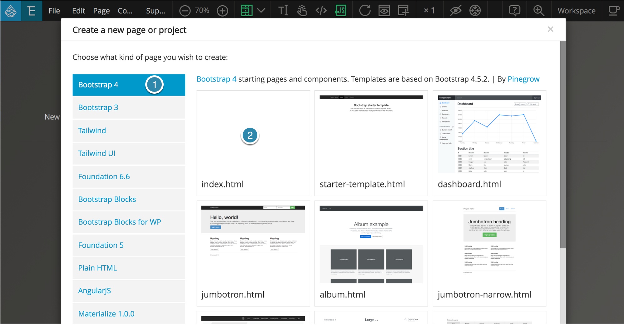 Selecting the index.html Bootstrap 4 template in Pinegrow