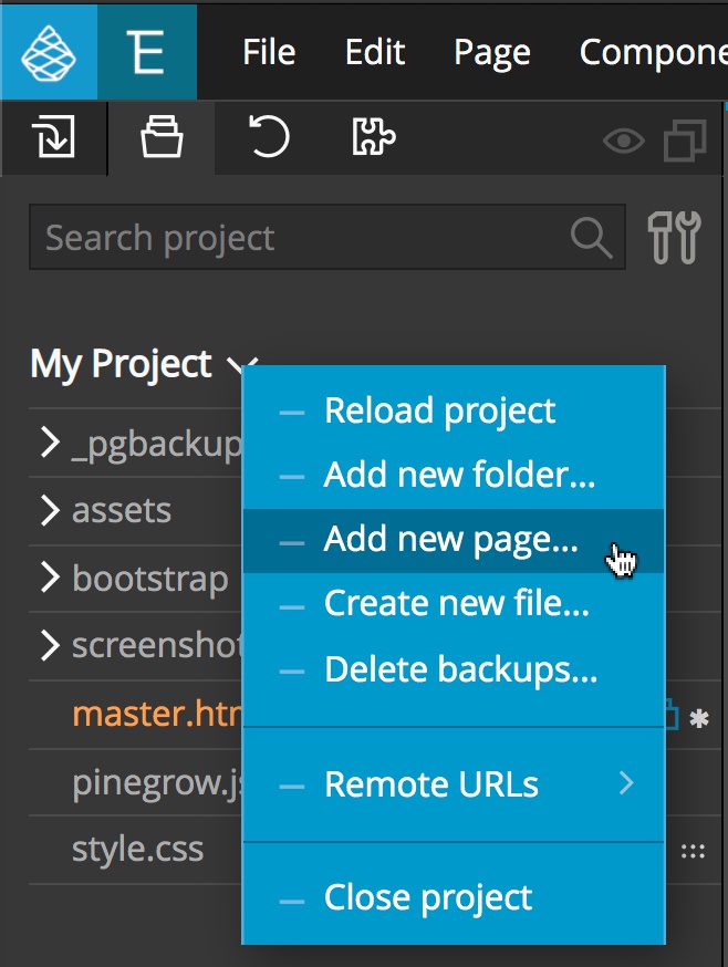 Pinegrow Project context menu