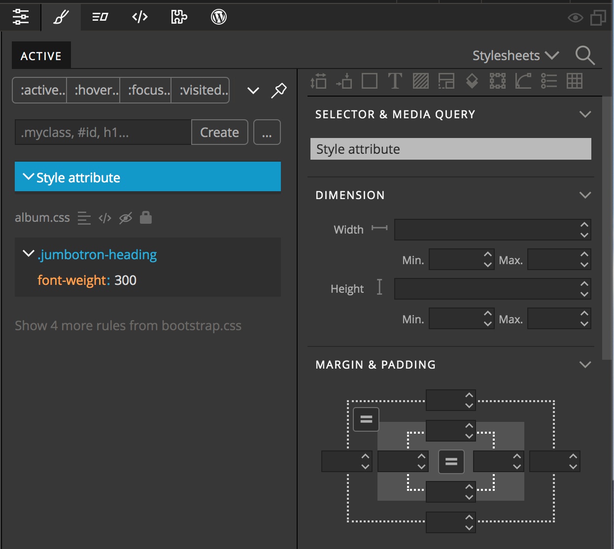 Screenshot of the Styles panel of Pinegrow.