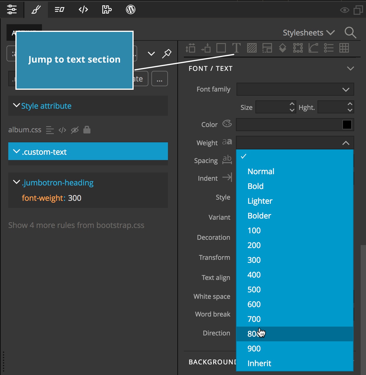 Screenshot of adding a new styling rule in Pinegrow/