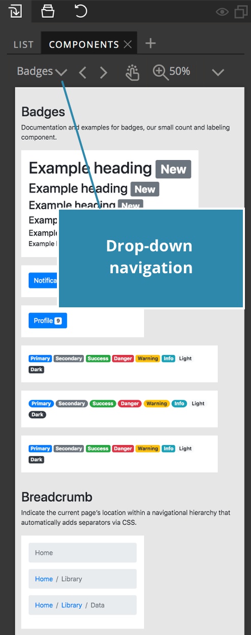 Screenshot of the Components tab of the Library panel of Pinegrow.